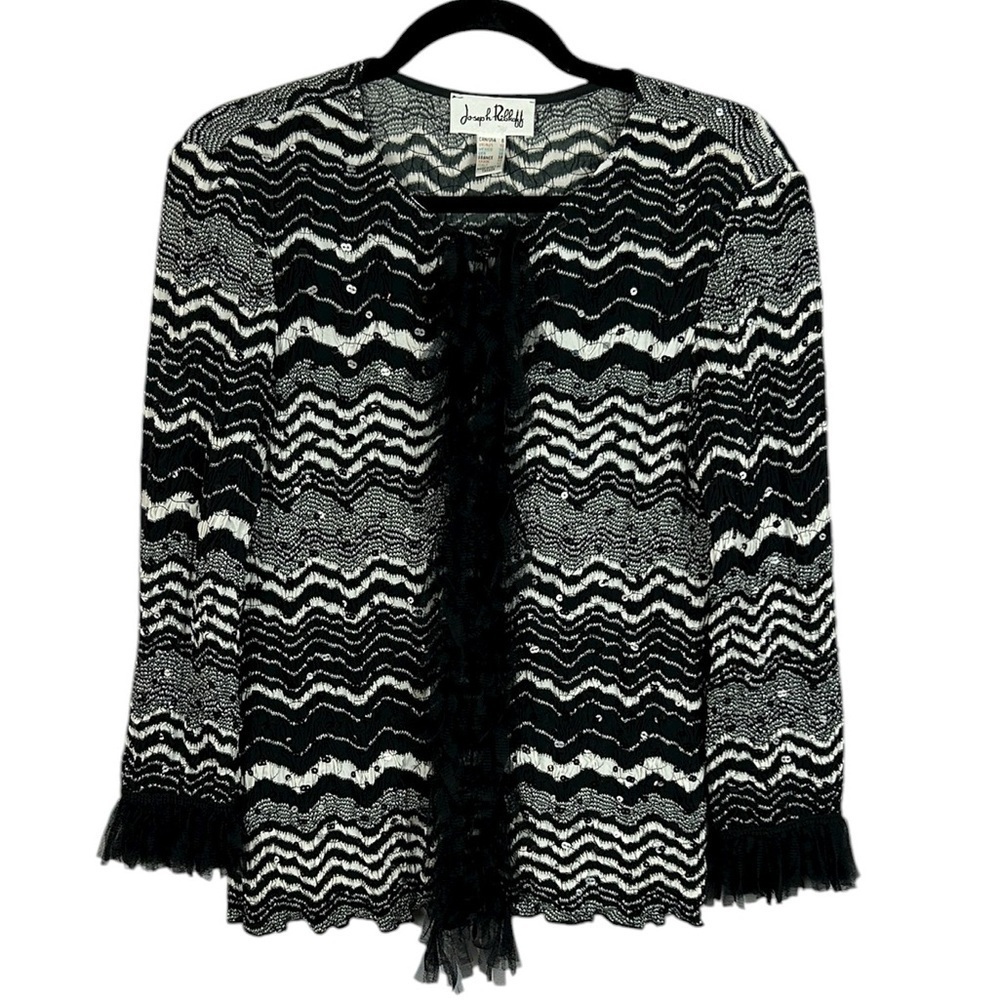 Joseph Ribkoff Chic Textured Sequins Full Zip Tulle Trim Cardigan Size 8 Black